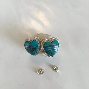 Native American handmade Turquoise and silver heart post earrings